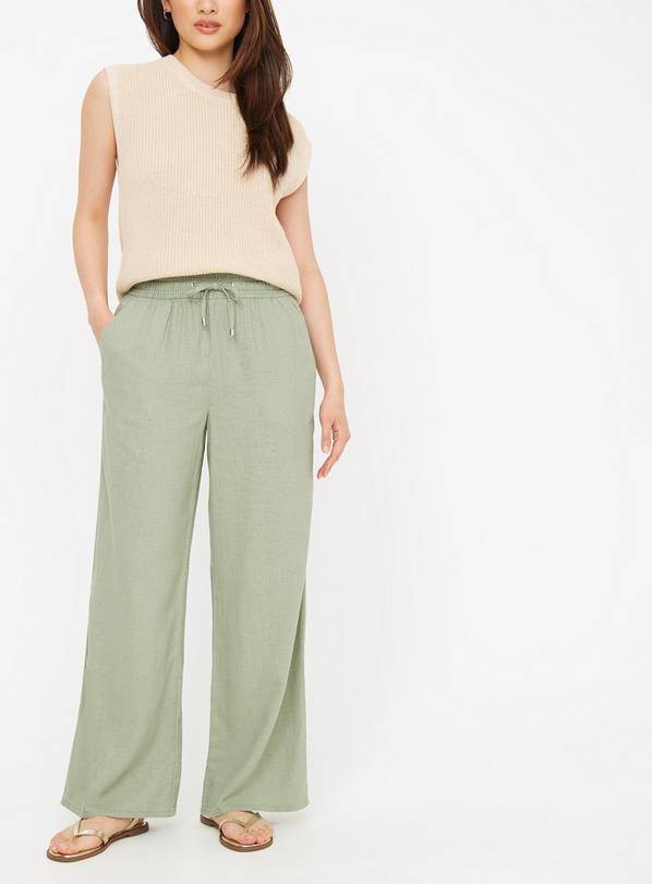 Green Casual Linen Blend Wide Leg Trousers  8